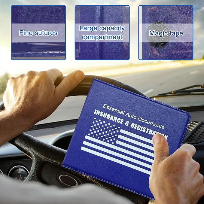 Ziciner Car Registration Insurance Holder, 2Pack Essential Auto Card Document Glove Box Organizer with Touch Fastener, Vehicle Interior Accessories Perfect for Most Car, Truck, SUV (Blue/White Flag)