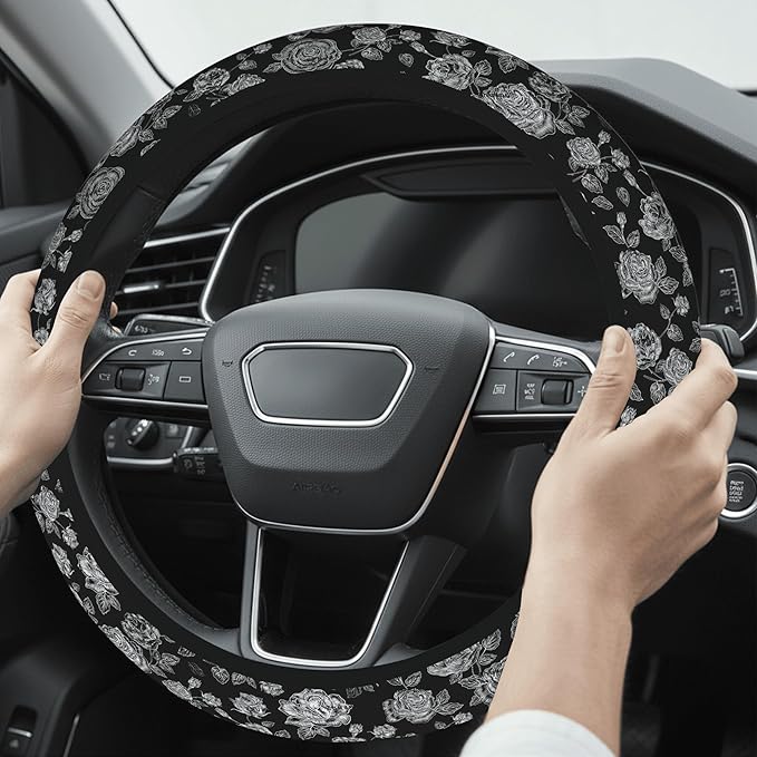 Cute Steering Wheel Cover for Women, Machine Washable Universal 14.5-15.5 inch Non-Slip Grip All Weather Use (Black White Rose)