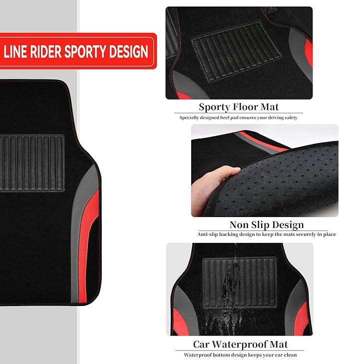 CAR PASS Leather Sporty Car Floor Mats Carpet, Universal Waterproof Automotive Floor Mat Fit for Sedans, Cars, Mid Trucks, Vans, SUV, Set of 4 (Black and Red)