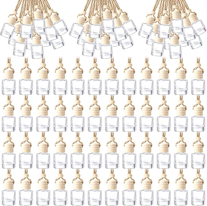 Zubebe 500 Pcs Hanging Car Air Freshener Diffuser Bottles Empty Bulk 8ml Clear Glass Essential Diffuser Oil Pendant Bottle Refillable Automotive Aromatherapy Fragrance Perfume Containers, Cylindrical