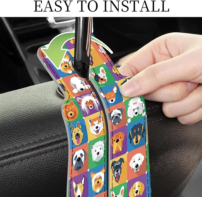 AXRQLSU PU Leather Car Seat Hook, Storage Headrest Hanger, Cute Car Backseat Organizer, Car Hooks for Purses and Bags Colorful Dog Faces
