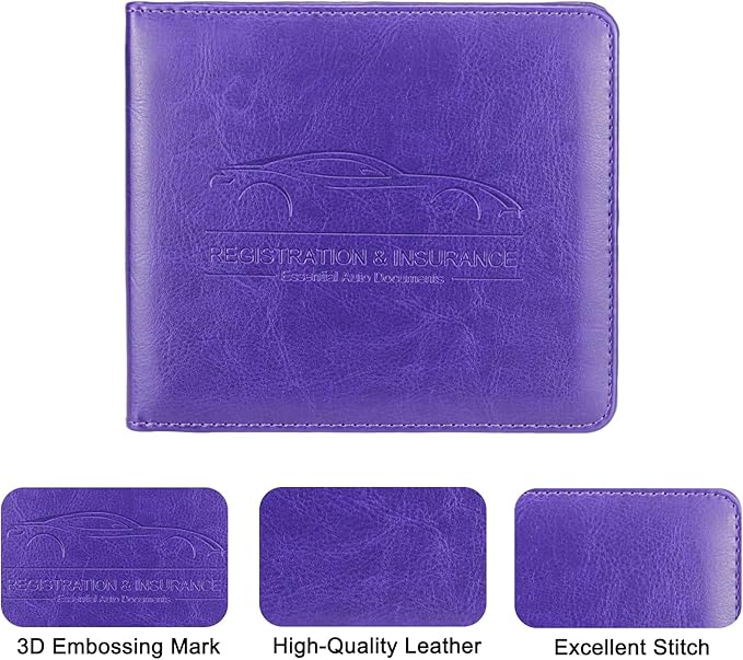 LumiMokki Car Registration and Insurance Holder, Leather Registration and Insurance Card Holder, Vehicle Glove Box Organizer - For Documents, Cards, License (Purple)