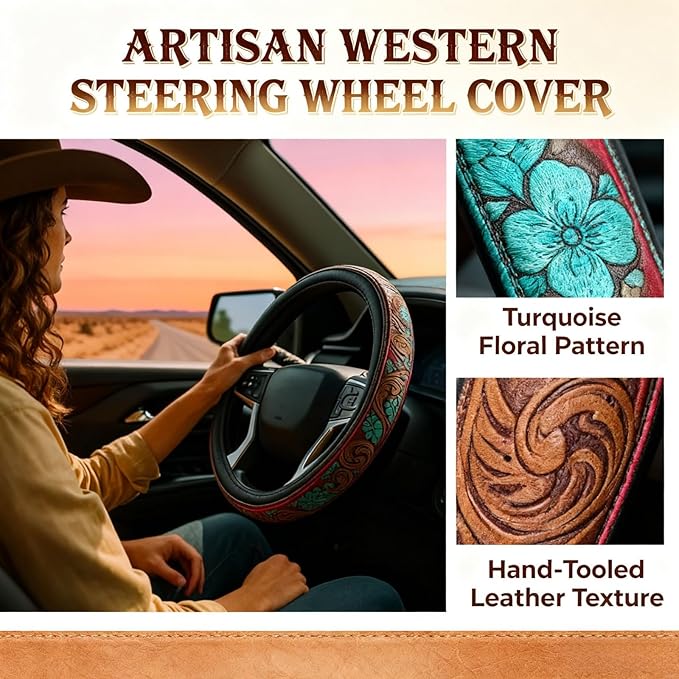 Retro Western Cowboy Car Universal Steering Wheel Cover – Western Steering Wheel Cover for Men & Women - 15 Inch Embossed Leather Anti-Slip Grip–Universal Fit for Truck, SUV, Car (A)
