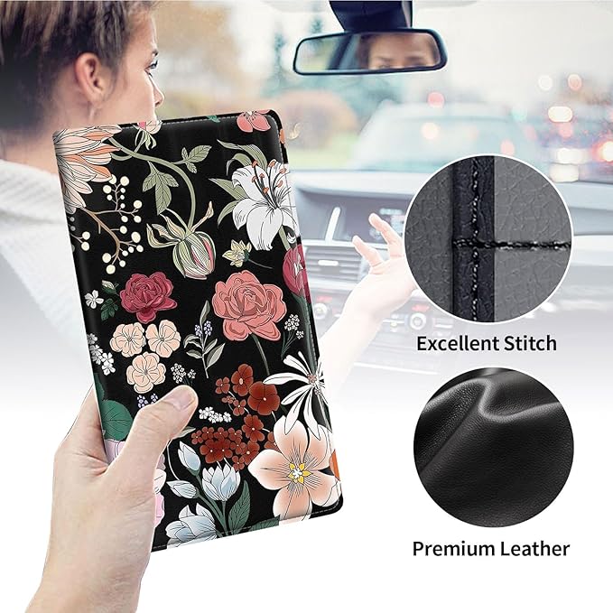 Qindaiwen Car Registration and Insurance Holder, Vehicle Card Document Elastic Band Closure Glove Box Organizer, Driver License Cards, Car Accessories for Essential Info, Flower Pattern 02