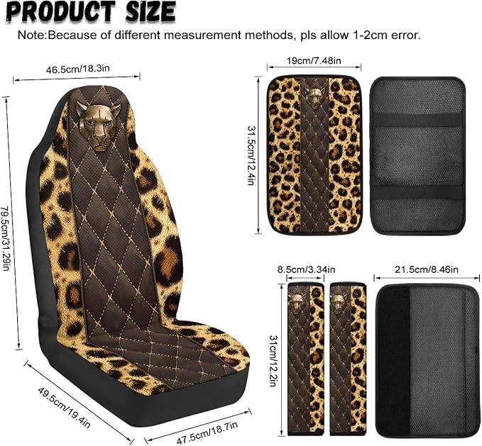 Qeluxign 5 Piece Car Accessories Set with 2 PU Leather Seat Covers, 2 Belt Pads & 1 Armrest Cover Fit for Most Vehicles Easy Install & Clean,Leopard Print Panther Head