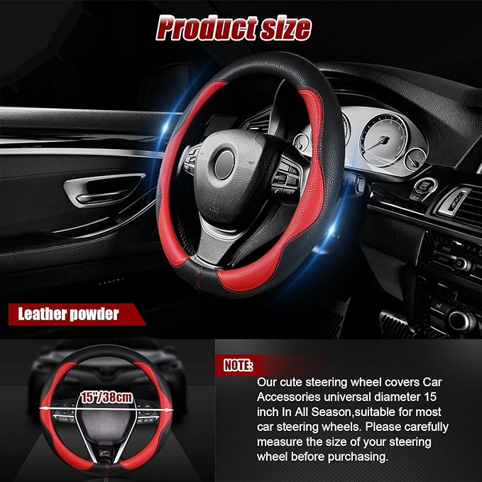 Steering Wheel Cover, Anti Slip Breathable Comfort PU Imitation Leather Cute Car Accessories for Women Girl, Universal Protector in All Season 15 inch Fit Most Car(Red)