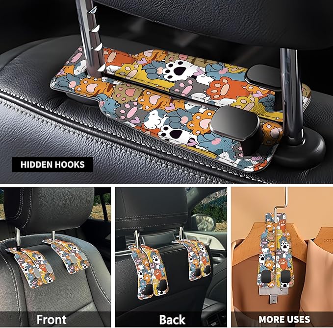 NUGGHU Car Seat Headrest Hook, Universal Leather Cute Hanger Holder Hook, Storage Organizer Interior Accessories for Purse Bags Handbag Cute Colorful Cat Paws