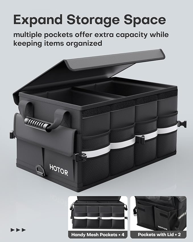 HOTOR Car Trunk Organizer - Foldable Trunk Organizer for SUV, Car Storage with Reflective Strips & Securing Cover, Large Capacity Car Accessories for Truck, Van & Sedan, Black, 24.4" x 13.8" x 11.0"