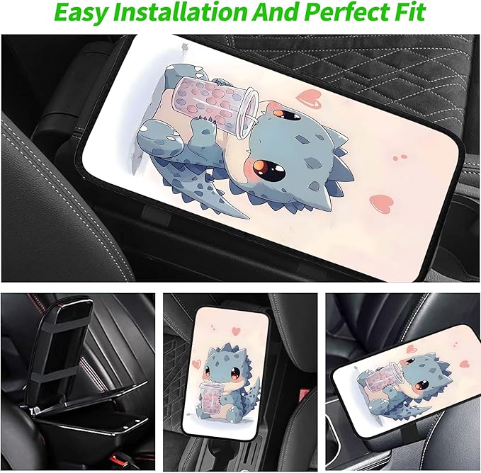 JANENFNA Car Armrest Cover Pads Universal Fashion Cute Auto Center Console Armrest Cover Pad with 2PCS Car Coasters Soft Waterproof Car Armrest Seat Protector for Women,Cate Tyrannosaurus