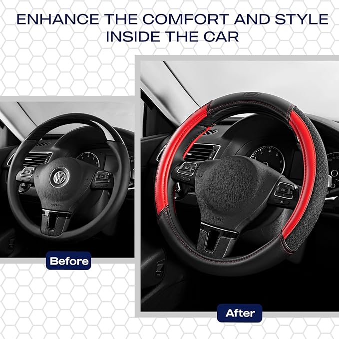 Skechers Air-Cooled Steering Wheel Cover, Leather Car Steering Wheel Cover Universal Fit 14" 1/2-15" Car Wheel Protector for Men Women Fit Suvs,Vans,Sedans,Car,Trucks,Red