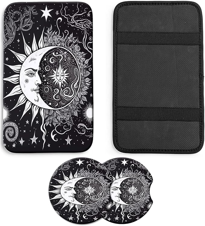 JANENFNA Car Armrest Cover Pads Universal Fashion Cute Auto Center Console Armrest Cover Pad with 2PCS Car Coasters Soft Waterproof Car Armrest Seat Protector for Women,Black White Sun and Moon