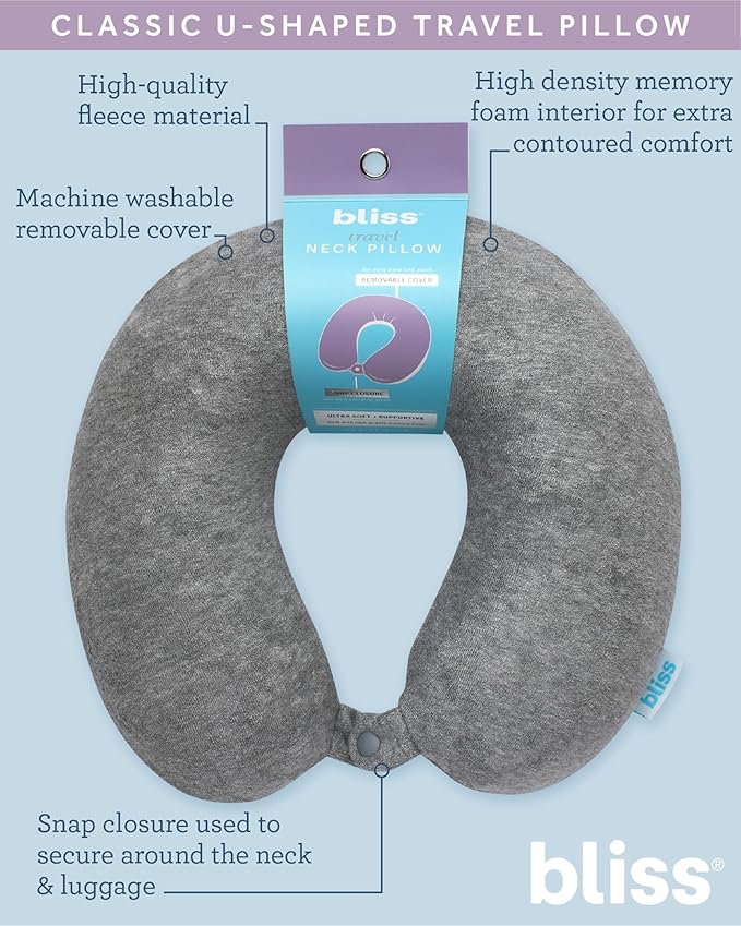 Bliss Neck Pillow - Lightweight U-Shaped Memory Foam Travel Neck Pillow with Snap Closure for Airplanes, Traveling, Offices, Cars, Grey Terry