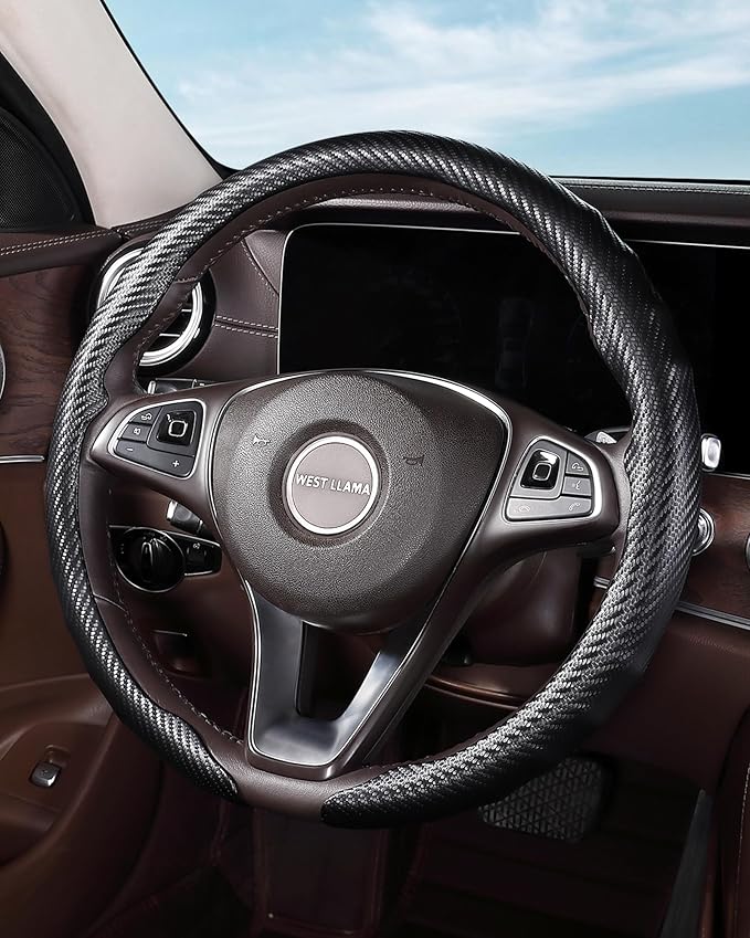 West Llama Carbon Fiber Car Steering Wheel Cove,rThin Steering Wheel Wrap Universal 14.5-15 Inch,Fit Cars,SUVs,Trucks(Black-O-Shaped)