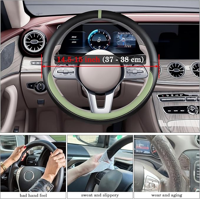 Black Avocado Green Car Steering Wheel Cover, Nappa Leather, Bottom Color Blocking, Universal 14.5-15 Inch Leather Anti-Slip Breathable Auto Steering Wheel Covers for Men Women