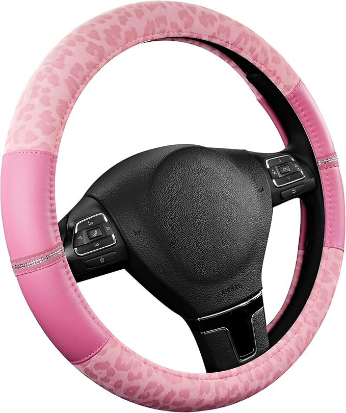 Road Comforts Leopard Steering Wheel Cover - Made with PVC Leather Cheetah Print - Anti-Slip, Universal Fit 14 1/2 inches to 15 inches - Pink