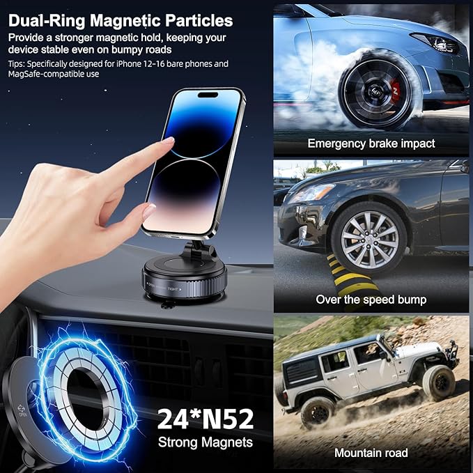 Jikasho Vacuum Magnetic Suction Phone Holder, Foldable and Retractable Hands-Free Suction Cup Phone Mount for Car/Gym/Mirror/Smooth Surface, Compatible with iPhone & Android (Gel Suction Cup Black)