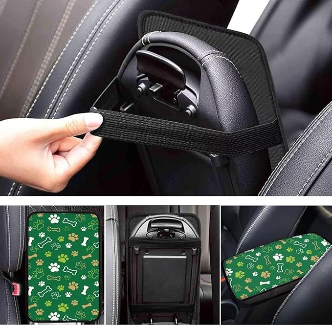 Dreaweet Cute Dog Paw Print Center Console Armrest Pad Cover Green Car Arm Rest Cover Pad Universal Middle Console Covers for Cars SUV Truck Sedan