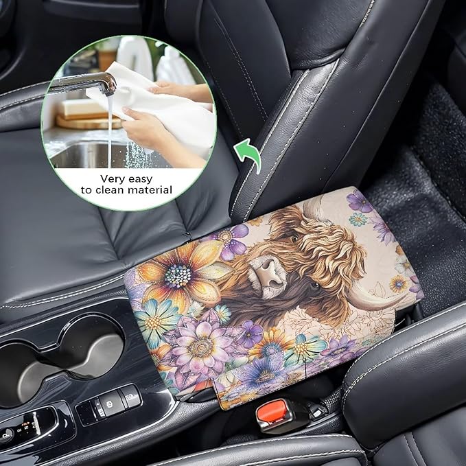 Dreaweet Highland Cow Boho Floral Print Arm Rest Cover for Car Women Thick Center Console Armrest Pad with Pockets Auto Accessories Interior Car Center Console Cushion Pad