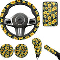 Sunflower Print Car Steering Wheel Covers Set Men Women Car Interior Accessories 6 Pcs Cup Coaster Handbrake Gear Cover Fit for SUV Truck Sedan