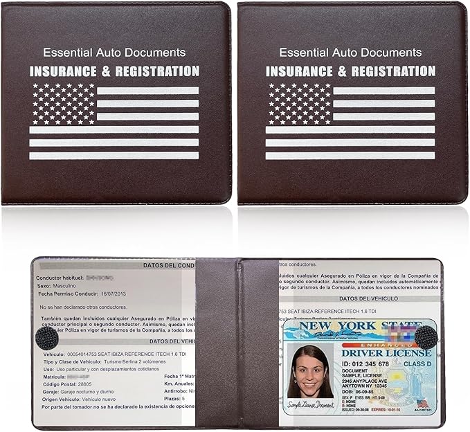 Ziciner Car Registration Insurance Holder, 2Pack Essential Auto Card Document Glove Box Organizer with Touch Fastener, Vehicle Interior Accessories Perfect for Most Car, Truck, SUV (Brown/White Flag)
