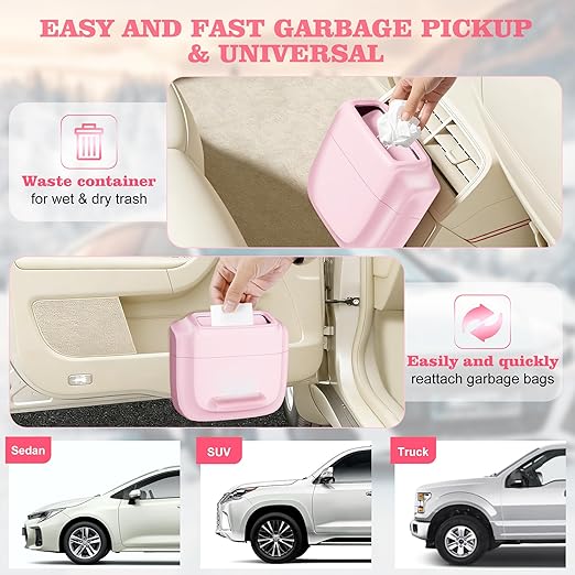 Car Trash Can with Lid, Built-in Storage Garbage Bag, Leakproof Vehicle Trash, Car Accessories for Interior, Mini Garbage Bin for Automotive, Office, Kitchen, Bedroom, with 30pcs Trash Bags,2Pcs