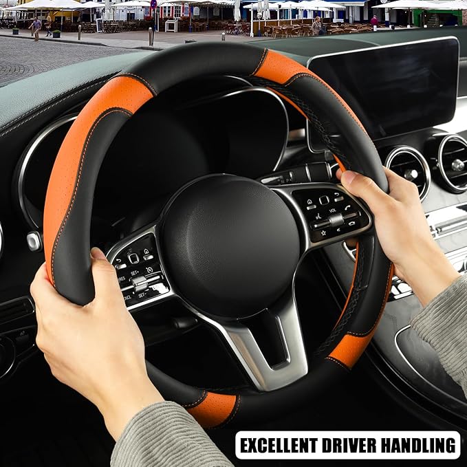 Binsheo Microfiber Leather Steering Wheel Cover, Breathable, Anti Slip, 13.5 inch to 14 inch, Black with Orange