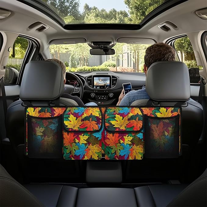 Car Trunk Organizer & Backseat Hanging Organizer with 2 Large Storage Bag & 2 Mesh Pockets,Trunk and Backseat Storage Bag for SUVs & RVs,37.01x11.81 inch,Colorful Autumn Maple Leaf