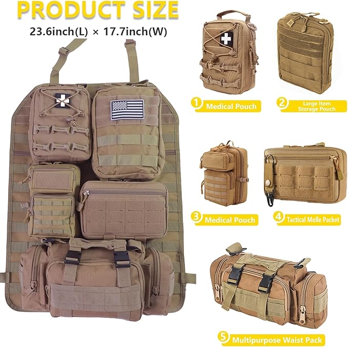 Universal Tactical Car Seat Back Organizer Bag Tactical Molle Vehicle Organizers Panel Vehicle Protector Organizers with 5 Detachable Pouches for Car Truck Ford Jeep (Model B-Khaki)