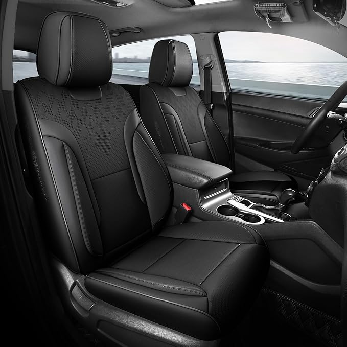 FEINEPRO Black Car Seat Covers Only Front 2pc - Breathable Faux Leather Universal Seat Covers for Cars, Automotive Protector Fit for Most Sedan SUV Pick-up Truck