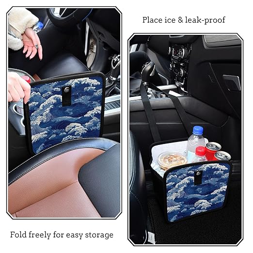 Car Trash Can Organizer Bin with Adjustable Strap for Back Front Seat Console Waterproof Leakproof Collapsible Portable 11 Inch Blue Ocean Waves
