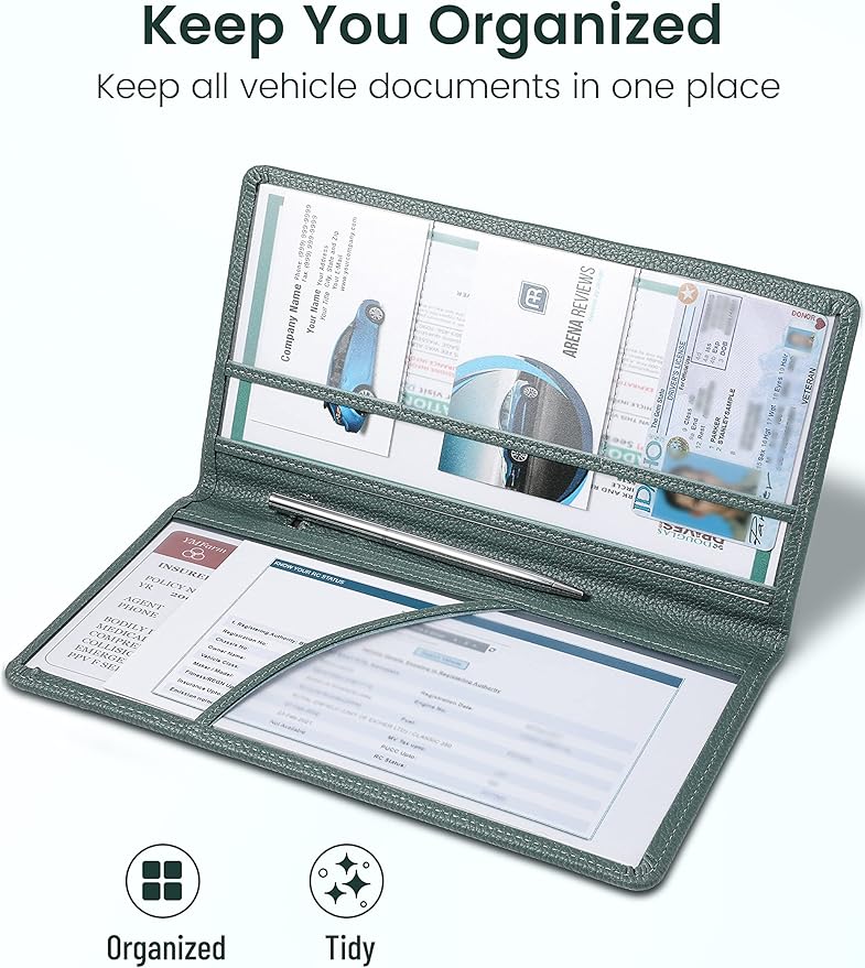 Yarnic Car Registration and Insurance Holder, Car Document Holder with Magnetic Closure, Registration and Insurance Card Holder Car Organizer Glove Box Compartment Organizer for Men Women (Grey Green)