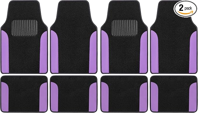 BDK Two-Tone Carpet Car Floor Mats with Faux Leather Accents, Automotive Floor Mat Set with Built-in Heel Pad, Stylish Interior Car Accessories (Purple) (Pack of 2)