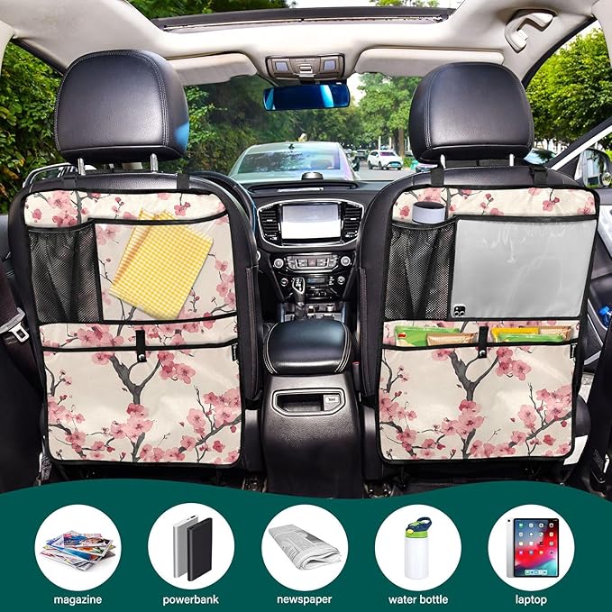 JIPONI Car Backseat Organizer, Japan Cherry Blossoms Automotive Back Seat Protector, Kick Mats with Storage Pockets for Kids Pets, Road Trip Accessories