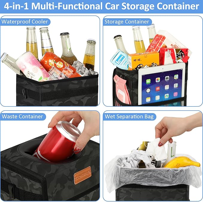 Car Trash Can Bin for Back Seat Leak Proof, Cute Car Trash Bag Hanging, Vehicle Trash Can for SUV Truck Van, Automotive Garbage Cans Front Seat Camo Black