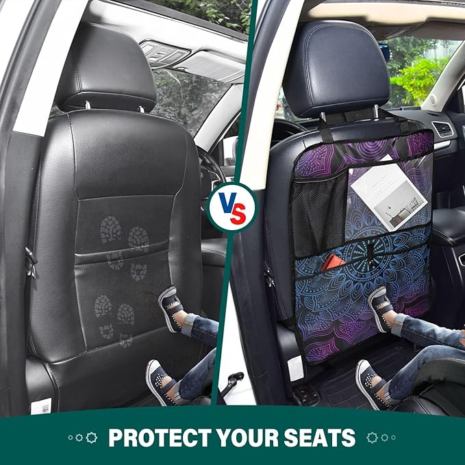 JIPONI Car Backseat Organizer, Boho Mandala Automotive Back Seat Protector, Kick Mats with Storage Pockets for Kids Pets, Road Trip Accessories (2 Pack)
