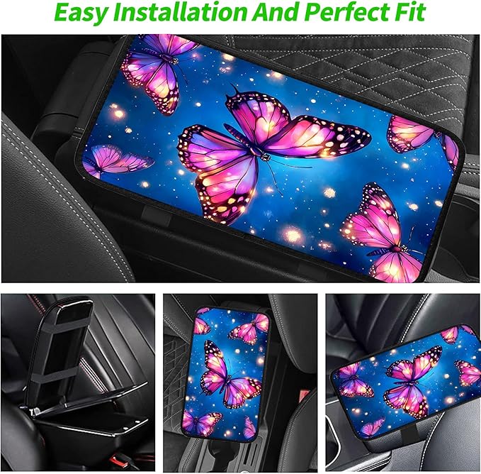 JANENFNA Car Armrest Cover Pads Universal Fashion Cute Auto Center Console Armrest Cover Pad with 2PCS Car Coasters Soft Waterproof Car Armrest Seat Protector for Women,Glowing Butterflies
