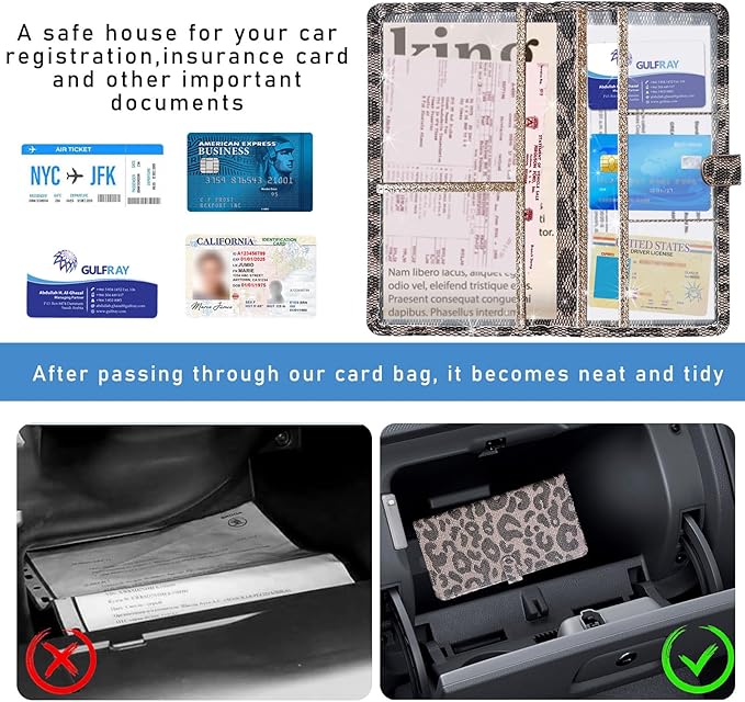 Ziciner Car Registration and Insurance Holder, Auto Card Document Glove Box Organizer with Magnetic Closure, Universal Vehicle Interior Accessories for Cars SUVs (Leopard-Large)