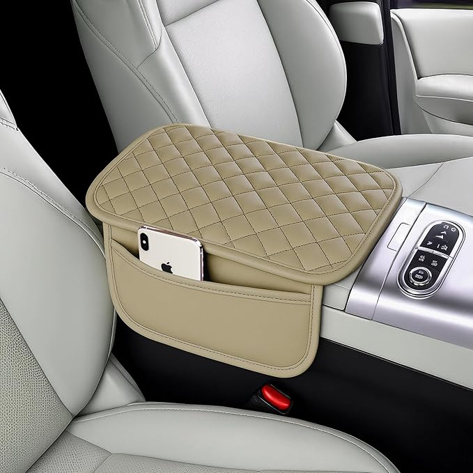 Upgraded Car Middle Center Console Cover,Microfiber Leather Car Armrest Cover Cushion with 2 Storage Bags,Universal Car Armrest Storage Box Car Interior Accessories for Most Vehicles (Beige)