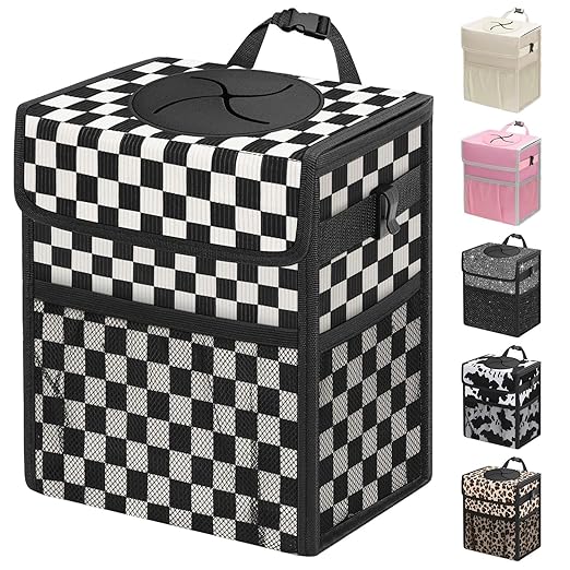 Capolo Car Trash Can with Lid, Leakproof Car Trash Bag Hanging Waterproof Automotive Garbage Can with Storage Pockets Mini Vehicle Trash Bin for Back/Front Seat(Corduroy Black Checkerboard,2.5 Gallon)