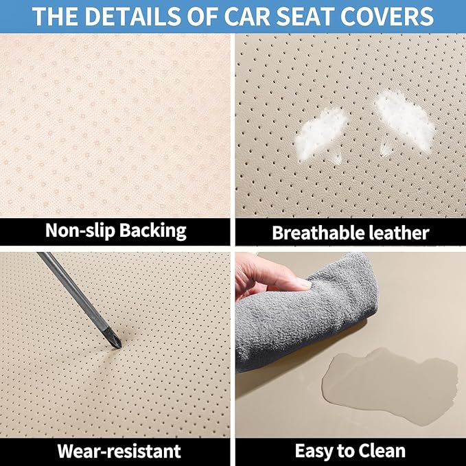 hoozoom Leather Front Car Seat Covers Breathable Seat Covers Waterproof Seat Protectors Universal Fit for Most Automotive Cars SUV Trucks Van (Beige, Front Pair)