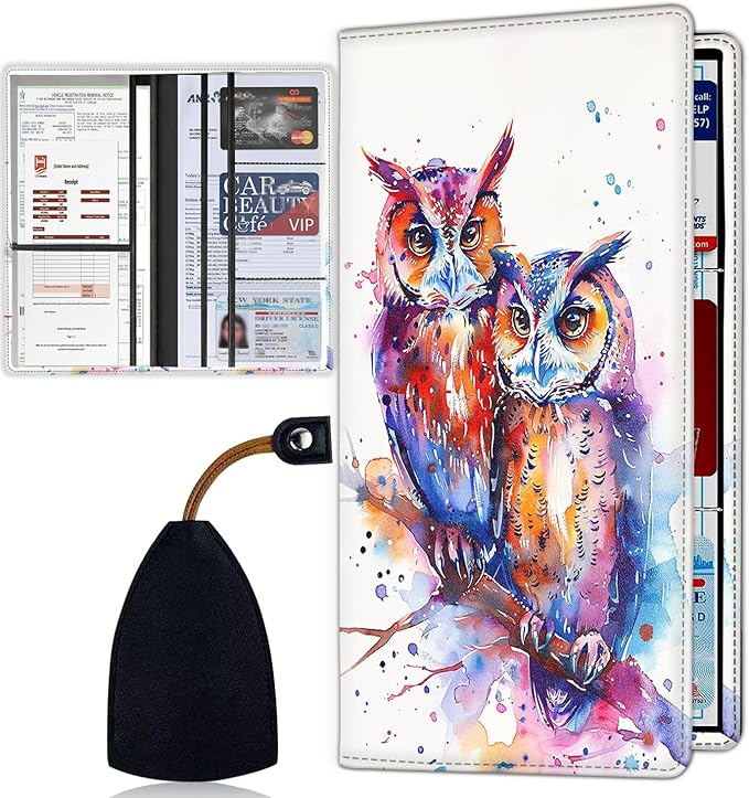 Car Registration Holder, Waterproof PU Leather Vehicle Card Document Glove Box Organizer, Women Interior Auto Accessories Case for Cards, Driver License Car Insurance Holder, A Owl Couples Romance