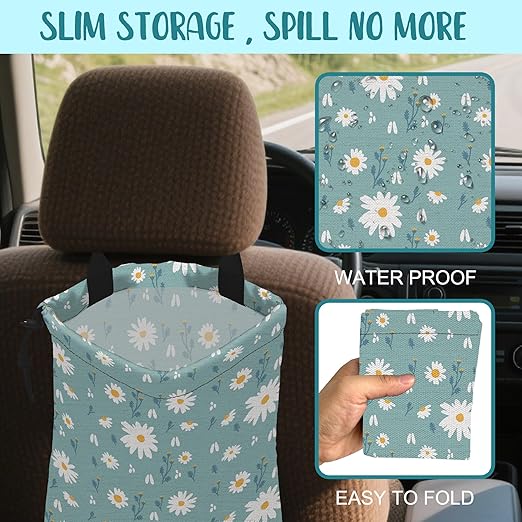 KXWQTRDD Car Garbage Bag Beautiful Blue Blooming Flowers Drawstring Car Trash Bag Hanging for Back Seat with Adjustable Buckle Canvas Vehicle Trash Can Easy-to-Install