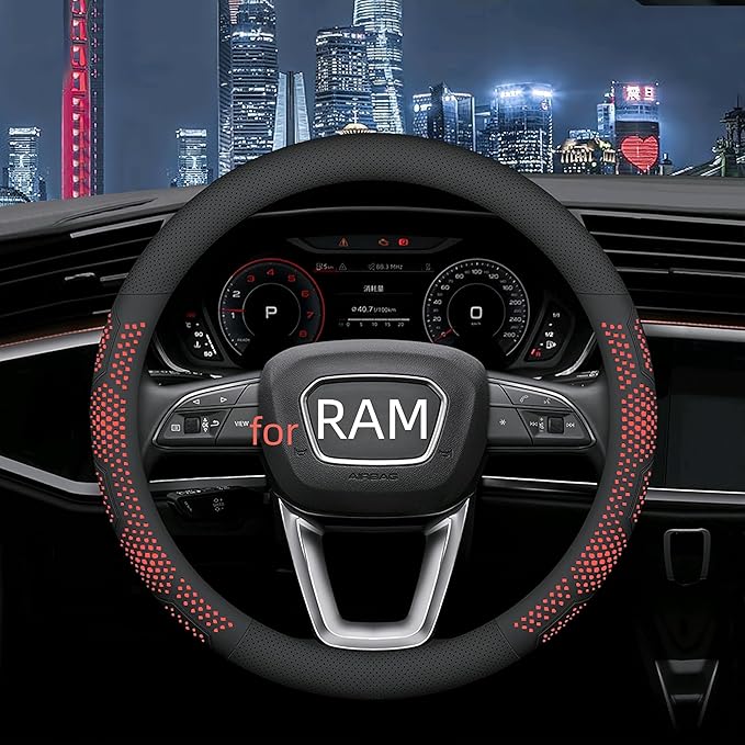 Yangday Leather Steering Wheel Cover for Dodge Ram 1500 2500 3500, 15.5-16 inches Car Steering Wheel Cover with Non-Slip Breathable (Red)
