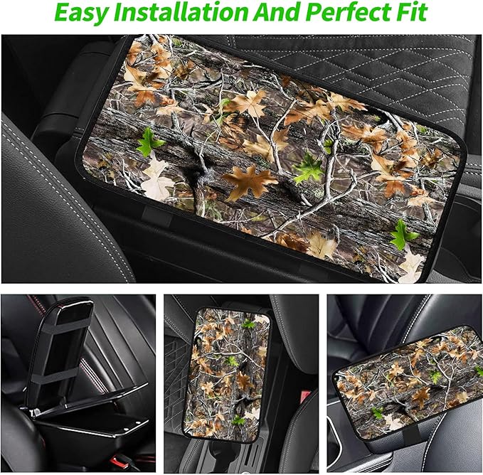 JANENFNA Car Armrest Cover Pads Universal Fashion Cute Auto Center Console Armrest Cover Pad with 2PCS Car Coasters Soft Waterproof Car Armrest Seat Protector for Women,Camo Leaves Pattern