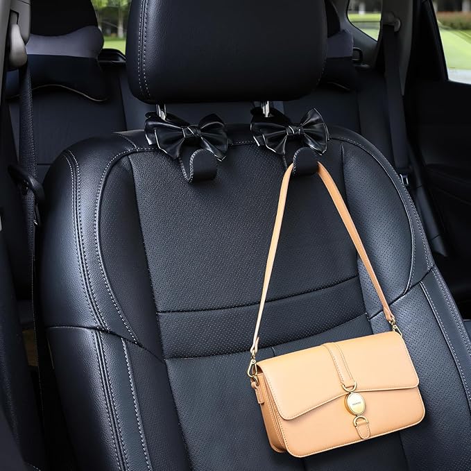 TISOHUGO Car Purse Hook, Cute Bow Hooks for Headrest - Leather U-Shaped Purse Holder for Car, Flexible Seat Back Organizer & Durable Vehicle Accessories for Bags, Coats & More (Black-2 Pack)