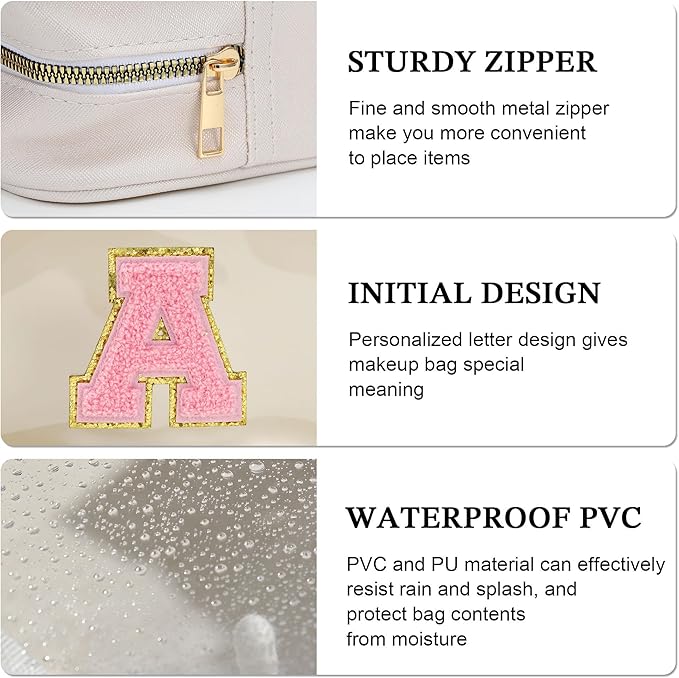 YOOLIFE Initial Make Up Bag Travel Toiletry Bag, Clear Makeup Bag Preppy Stuff Travel Essentials Pink Gifts for Women Teen Girlfriend Teacher Mom Birthday Valentines Gifts for Her Wife White A