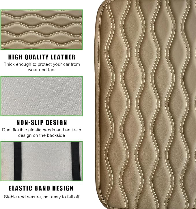 Car Center Console Pad, Waterproof PU Leather Auto Armrest Box Cover, Comfortable Vehicle Arm Rest Protector Cushion Pad for Car SUV, Universal Car Accessories (Beige)