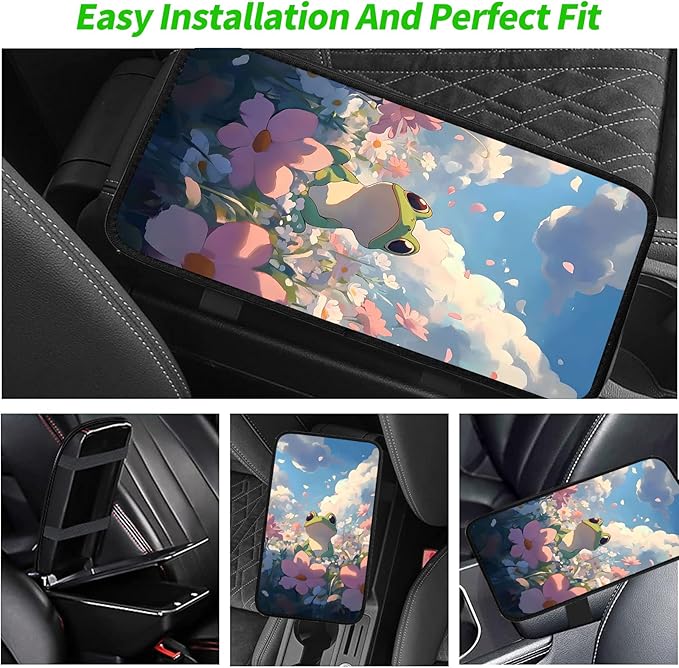 JANENFNA Car Armrest Cover Pads Universal Fashion Cute Auto Center Console Armrest Cover Pad with 2PCS Car Coasters Soft Waterproof Car Armrest Seat Protector for Women,Green Frog in Flowers