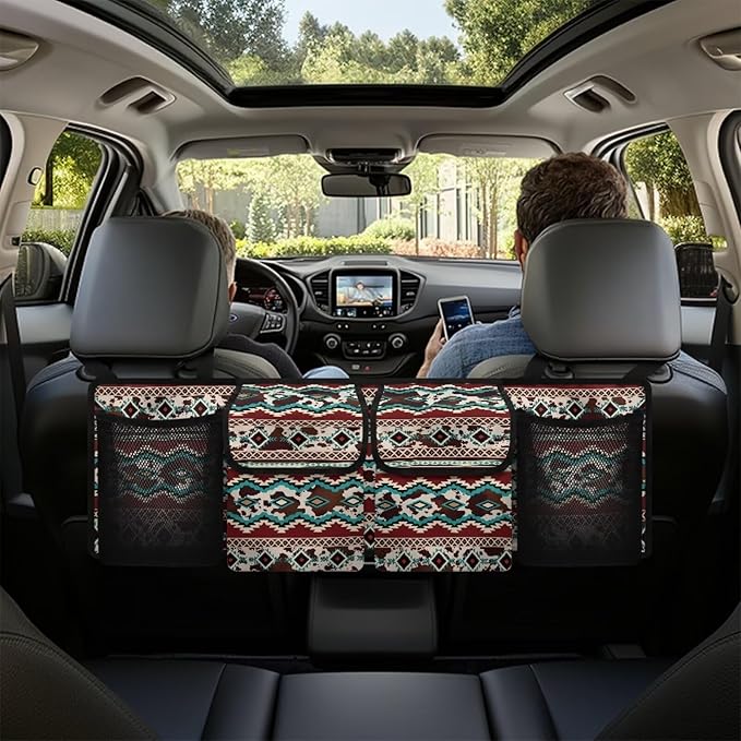 Dreaweet Aztec Brown Cow Print Car Accessories Trunk Organizer for SUV Hanging Car Trunk Organizers with Pockets Seat Back Waterproof Car Storage Trunk Organizer for Trucks Minivan Sedan