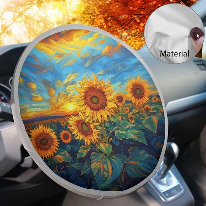 Artistic Sunflower Steering Wheel Sunshade Easy to Install Car Rudder Sun Block for SUV Vehicle Sedan Truck Car Accessories Gift for Holiday